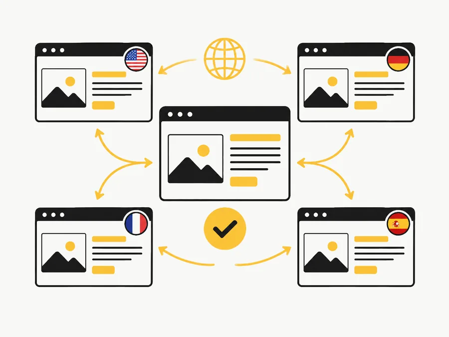 Pages in several languages linked to each other with hreflang arrows